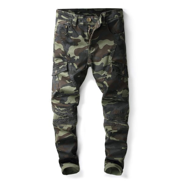 

mens camo biker jeans style cargo tactical motorcycle denim trousers man camouflage pants with multi pockets, Blue