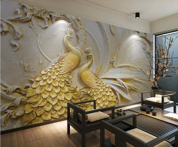 

3d stereoscopic wallpaper 3d embossed golden peacock background wall painting