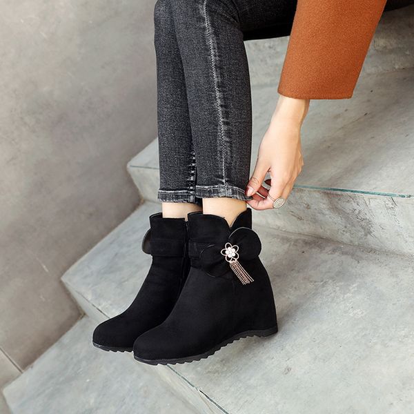 

women cute boots ankle boots women's plus size round toe winter wedges ankle bootie warm shoes bota feminina#g4, Black