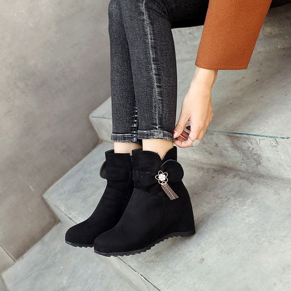 

women cute boots ankle boots women's plus size round toe winter wedges ankle bootie warm shoes bota feminina#g4, Black