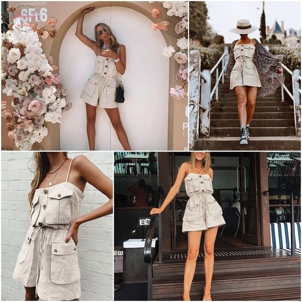 

vintage casual strap women summer romper pockets short female jumpsuit loose solid overall cargo jumpsuits 2019, Black;white