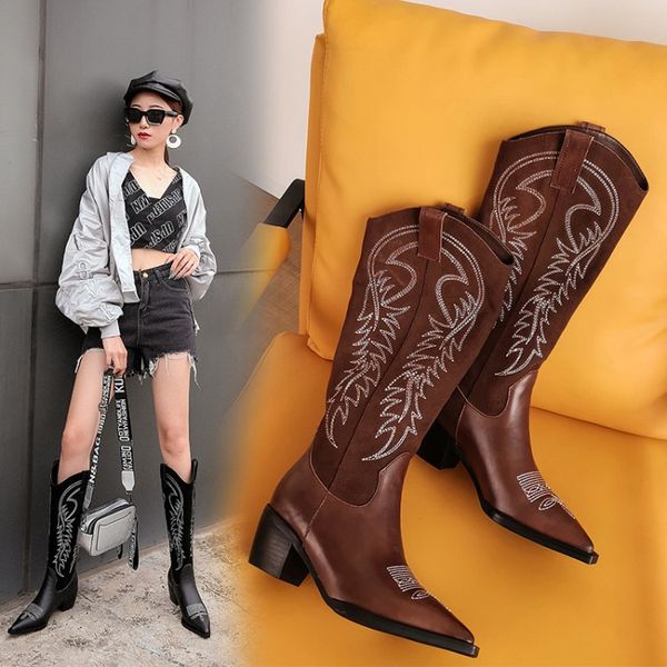 

2019 new fashion genuine leather women knee high boots pointed toe western cowboy boots women high heel shoes, Black