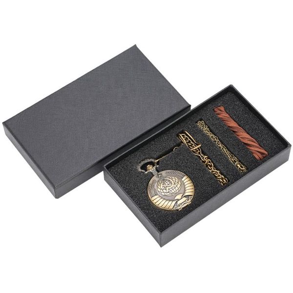 

bronze pocket watch box set communist hammer sickle full pendant quartz pocket clock necklace chains for men women, Slivery;golden