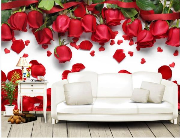 Foto Personalizado 3D Wallpaper parede de fundo TV Stereo bonitas amor romântico rosa vermelha pétalas de flores