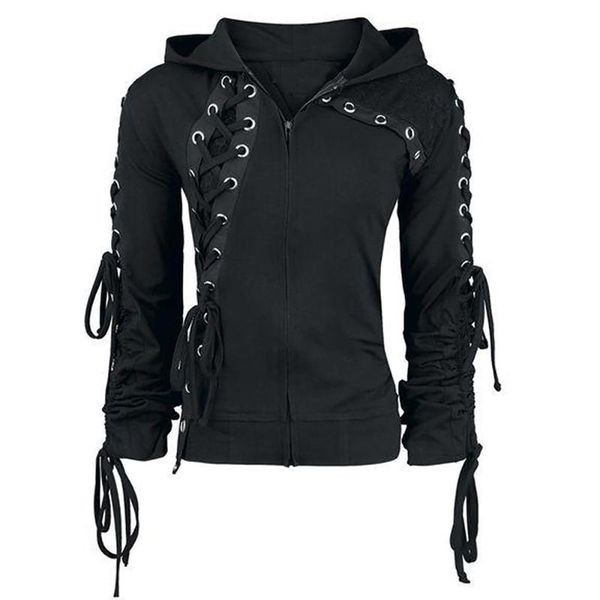 

2018 gothic punk women hoodies lace up hooded long sleeve casual harajuku darkness autumn winter goth black sweatshirt plus size