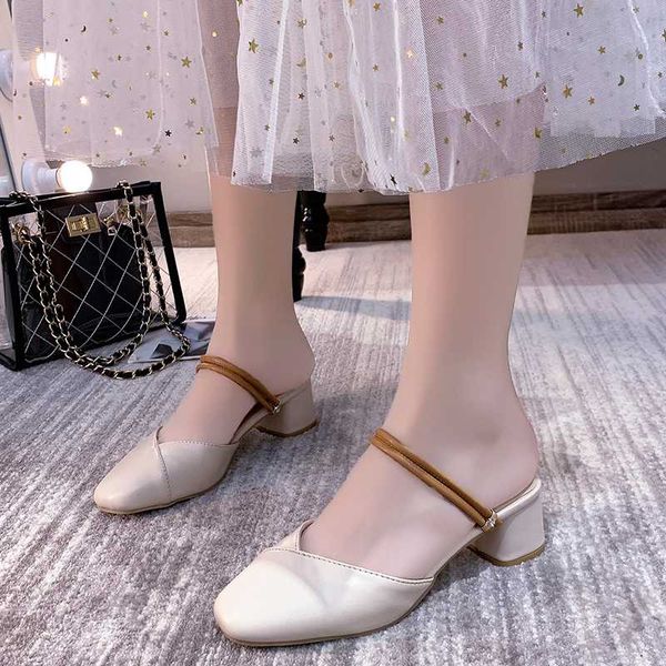 

square heel shoes woman 2020 slippers casual med women heels pantofle cover toe block high new soft slides rubber pu, Black