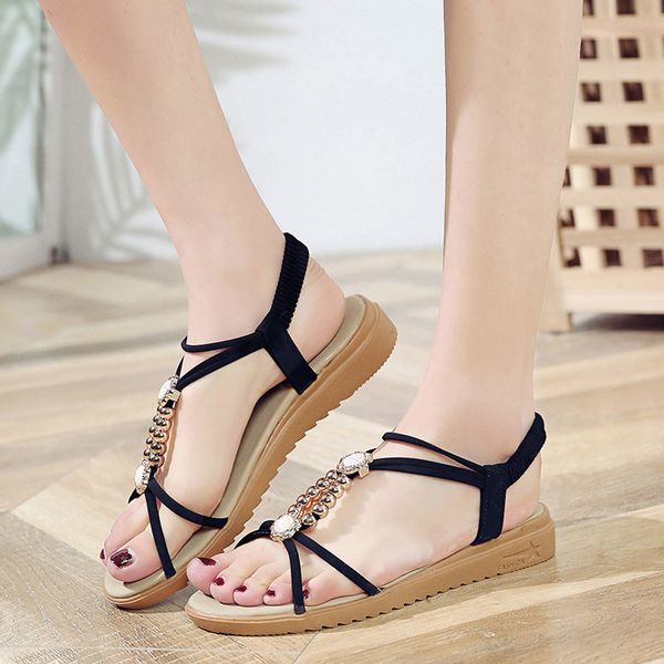 

nice women gladiator sandals summer shoes bohemian beaded flat sandals women casual beach shoes black