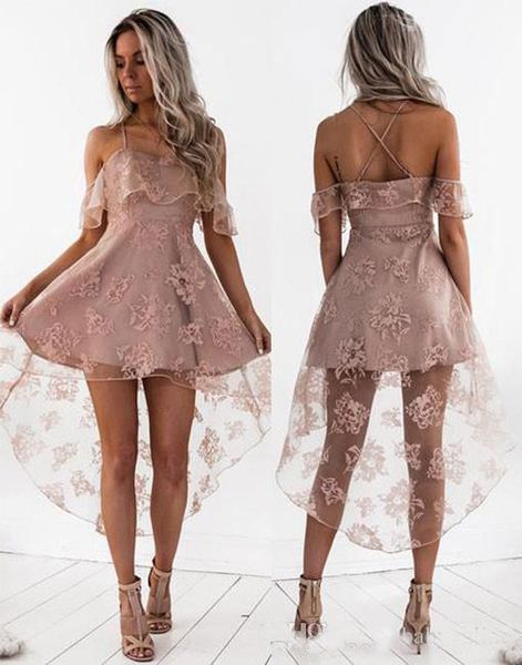 

Cute Pink Short Homecoming Dresses High Low Lace A Line Spaghetti Straps Backless Arabic Prom Gowns Cocktail Dress