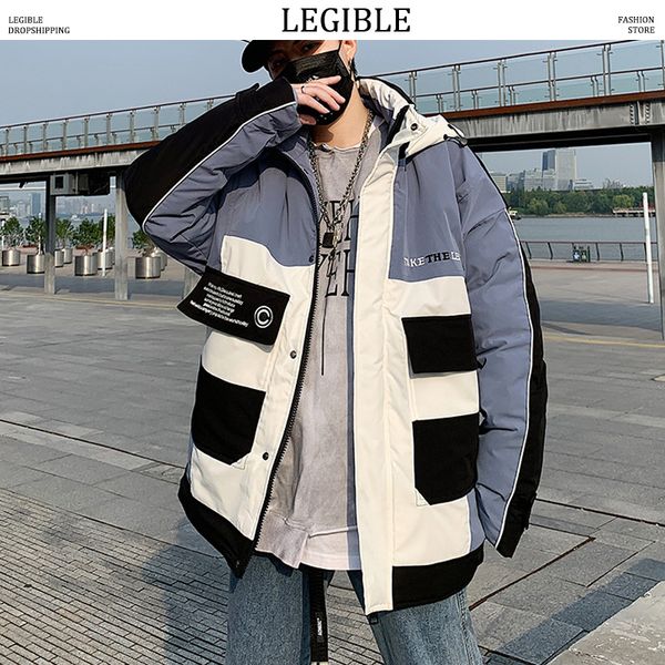 

legible hip hop parka men coats winter jacket men thicken warm hooded patchwork outwear coat casual men's winter jackets, Black