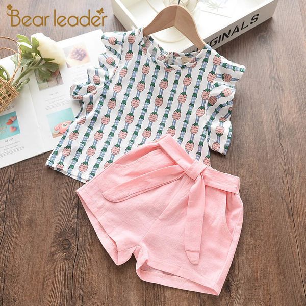 

bear leader casual girls clothes set summer pineapple shirt pants suit 2pcs fashion suit for baby girl children bow clothes set t200613, White