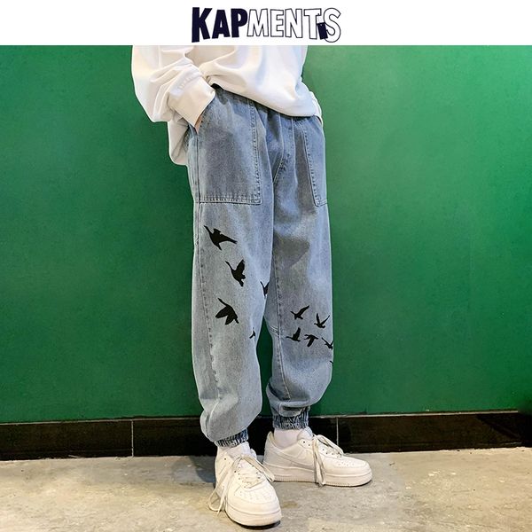 

kapments men korean fashions printed harem jeans 2020 mens big pocket streetwear high waist black denim pants male baggy jeans, Blue
