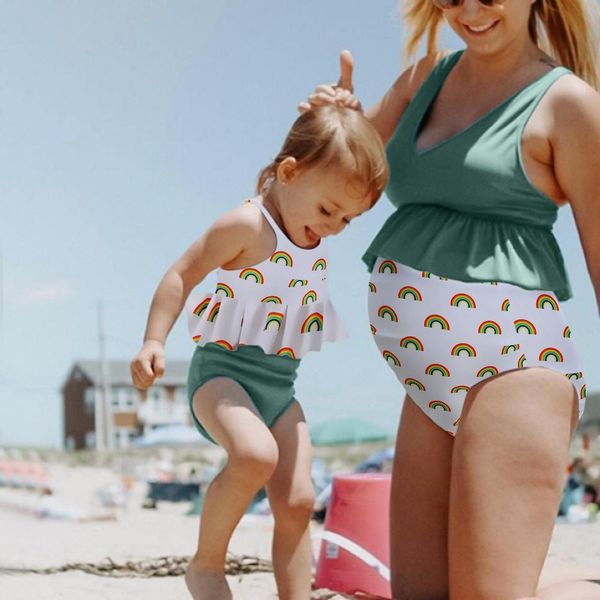 

женщины материнство беременные tankinis печать оборками бикини купальники женские sexy радуга печати split ruffle материнства купальник, White