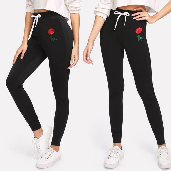 

womens casual drawstring fitness sweatpants solid applique outdoor running leisure sports casual tightening pants pour femmes, Black
