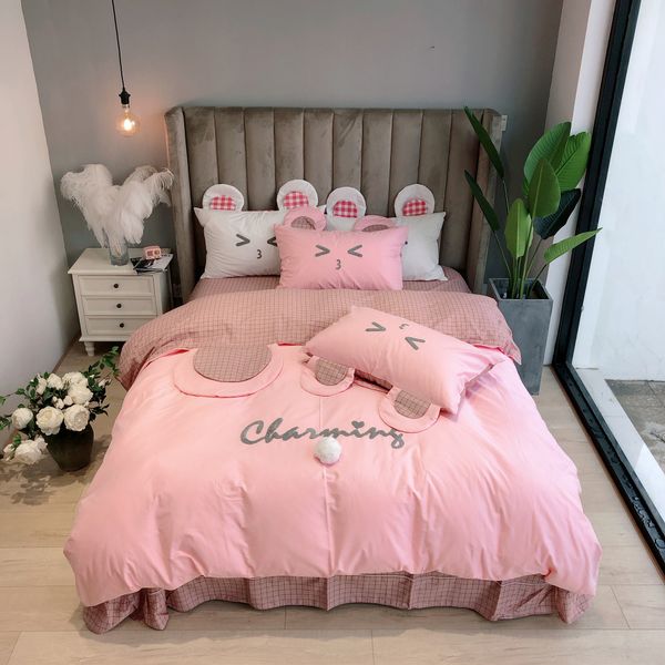 Cute Bear Ears Pink Bedding Set Twin Queen King Size 100 Cotton