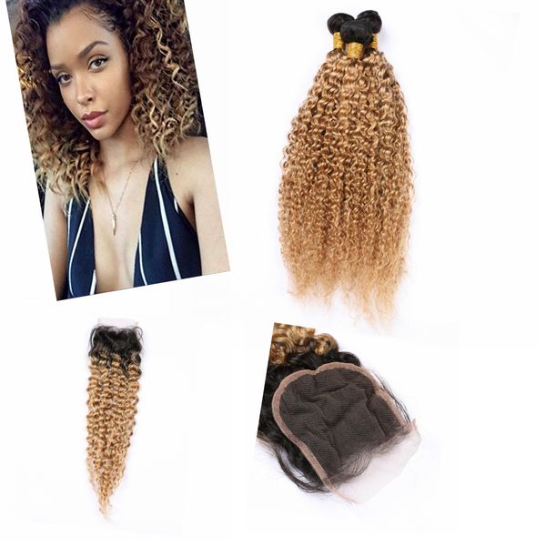 

ombre blonde virgin hair with closure 4" * 4" dark root brazilian honey blonde ombre weave bundles kinky curly #1b/#27, Black;brown