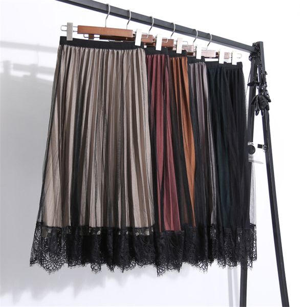 

2019 women skirts bud silk skirts long pleated skirt high waist show thin a - line skirt long lace mesh fairy female, Black
