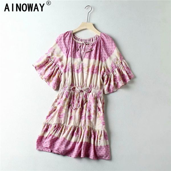 

vintage chic women hippie floral print sashes elestic waist bohemian mini dress ladies flare sleeve boho dresses vestidos, Black;gray