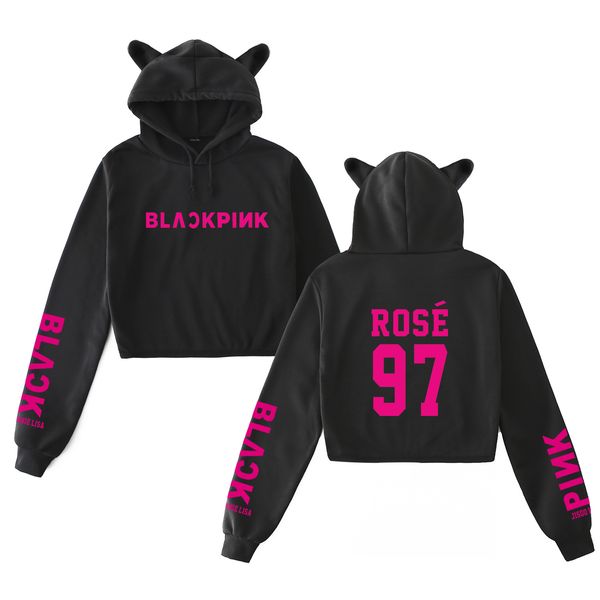 

рекомендуется] интернет celebrity blackpink связанные продукты cat уши с капюшоном вэй длинным рукавом navel hoodie костюм, Black