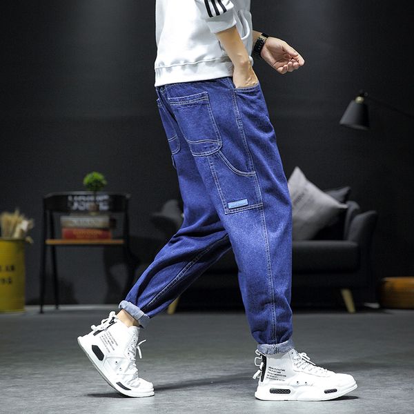 

yasuguoji japan style elastic waist jeans men loose streetwear stretch jeans men fashion mens designer clothes 2019, Blue