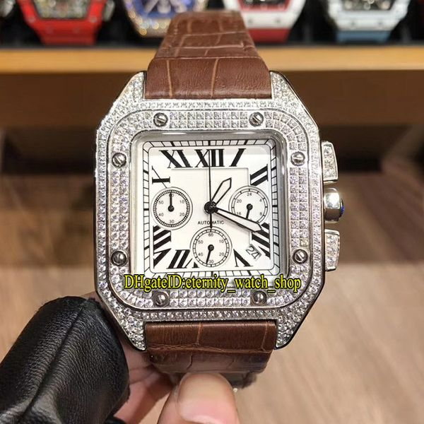 

new 45mm wssa0030 w20090x8 white dial japan vk quartz chronograph movement mens watch diamonds case leather strap sport watches, Slivery;brown