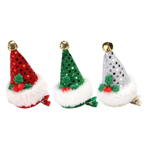 

3pcs santa hat hair clips christmas mini glitter sequin hair accessories grips barrettes with alligator clip for kids adult