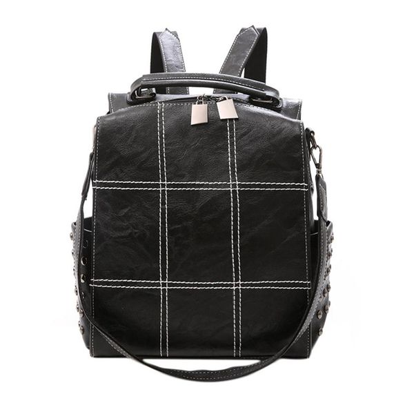 

women's large leather backpack female teenage girl school backpack vintage rivet bag mochila solid shoulder bag:black