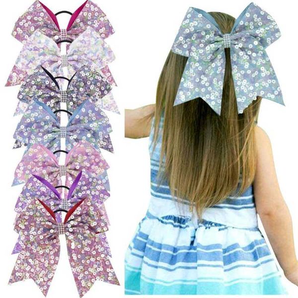 

hair accessories 7 inch children girls large big colorful sequins bows scrunchies elastic bands kids lovely rhinestone ribbon rubber band, Slivery;white