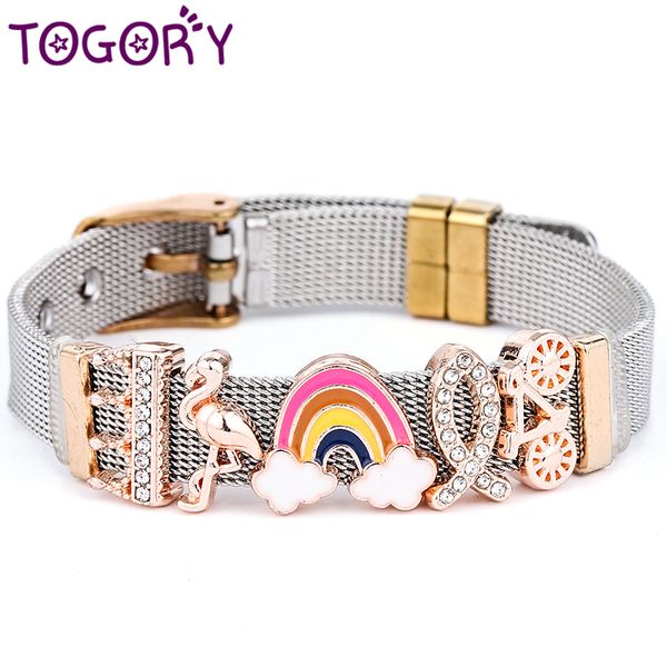 

togory jewelry keeper slide charm bracelet for women men stainless steel mesh bracelet bangles with 10mm rose gold diy gift, Golden;silver