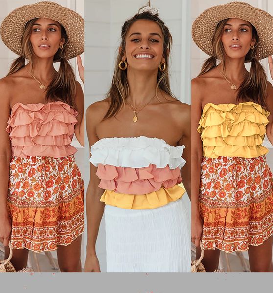 

strapless ruffle women tshirts designer panelled sweet slim sleeveless tshirts summer casual fashion women, White