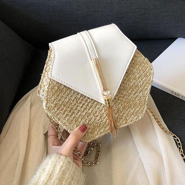 

summer straw bags for women 2020 hex-shape straw+pu leather shoulder bag tassel rattan beach bohemian boho crossbody bags
