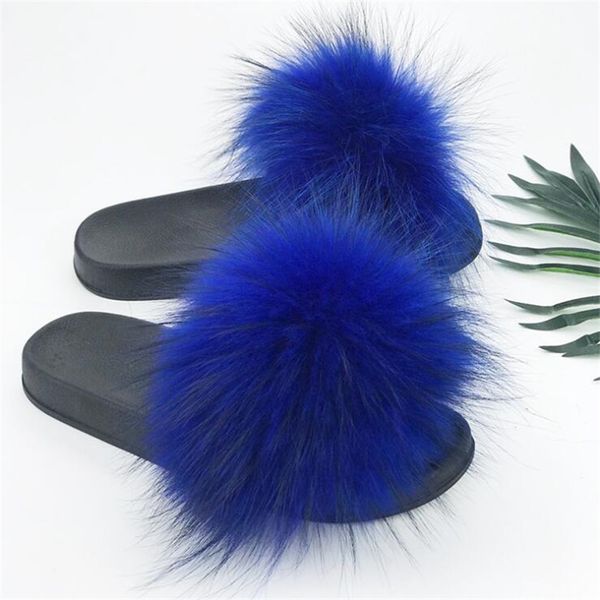 

coolsa women new fluffy raccoon fur slides women real fur slippers plush indoor slides furry slippers drop shipping shoes, Black