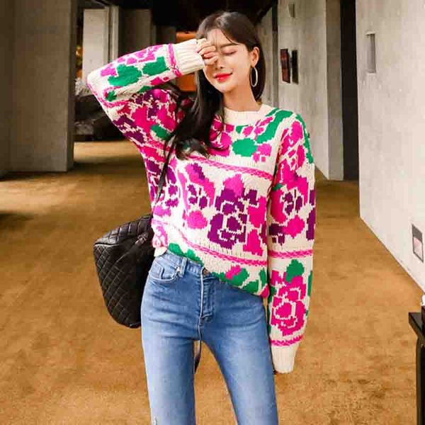 

2019 autumn women sweaters and pullovers casual knitted printing flowers shaped runway christmas sweater long sleeve winter top, White;black