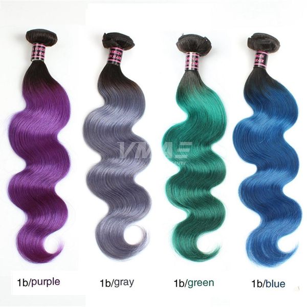 VMAE Brasileira Natural suave onda do corpo trama 1B Azul Cinzento Verde Roxo Weave 3 Pacotes Ombre Cor 2 Tone Virgin Extensões de cabelo humano