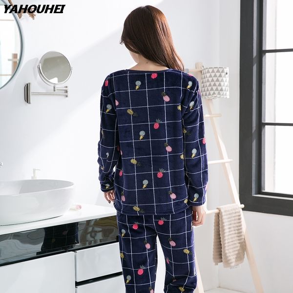 

casual plaid thick warm flannel pajama sets for women 2018 winter long sleeve coral velvet pyjama female sleepwear suit homewear, Blue;gray
