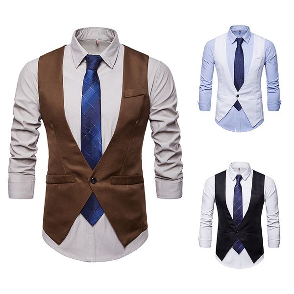 

men suit vest v neck brown black single button slim men waistcoat casual formal business groomman for male wedding vest, Black;white