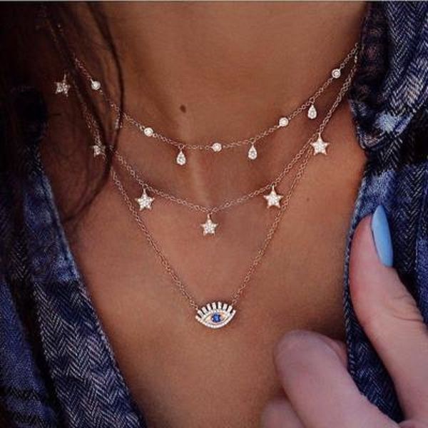 

vintage star evil eye pendant necklaces gold color for women crystal bohemian charm multilayer necklaces collars beach party jewelry dhl, Silver