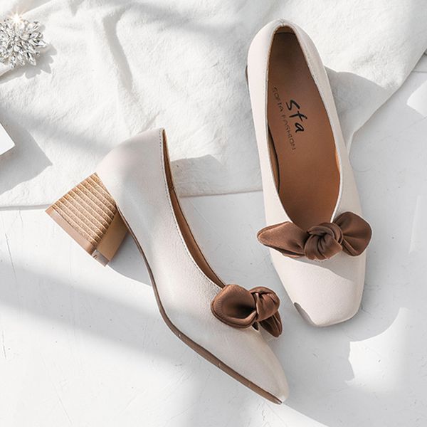 

2019 spring women shoes square toe high heels dress shoes bowtie boat medium heels pumps woman slip on ladies n6996, Black