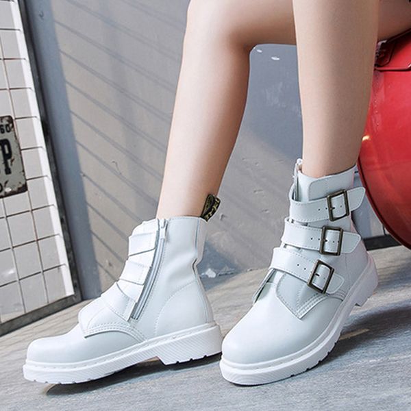 

teahoo white round toe boots women buckle ankle boots for women zip low heel winter fashion shoes woman, Black