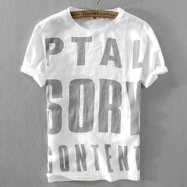 

2020 summer men's casual linen t-shirt breathable letters printed t shirt men loose stretch fashion tshirt mens camiseta, White;black