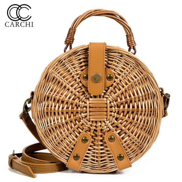 

carchi summer hand-woven rattan bag embroidery pouch beach straw waist bag knitting circular belt bali pochete feminina