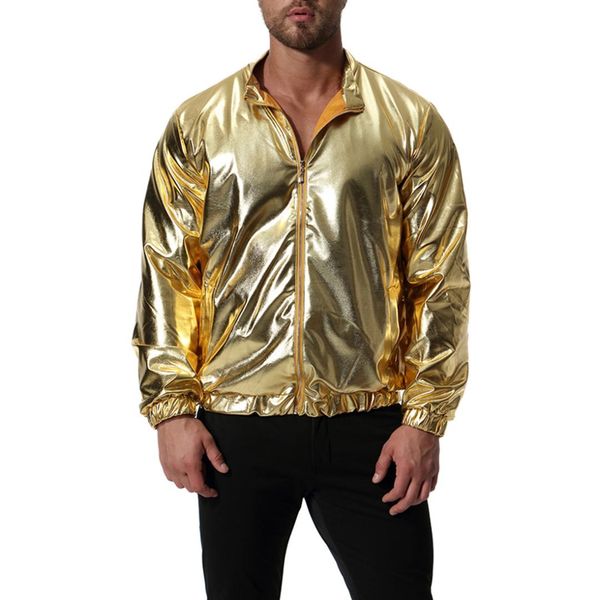 

autumn clothing men thin bright shiny gold reflective jacket fashion long sleeve casual wear male coat plus size streetwear, Black;brown