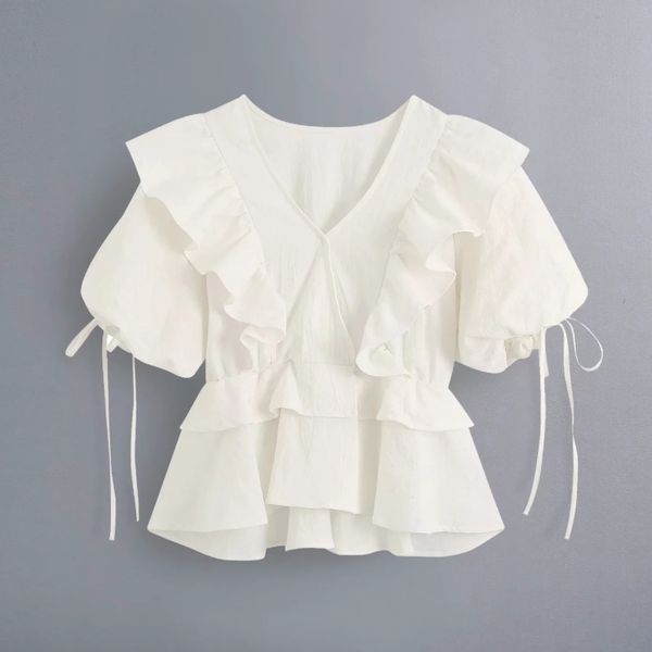 

women v neck cascading ruffles solid blouse lady bow tie lantern sleeve casual shirt chic blusas, White