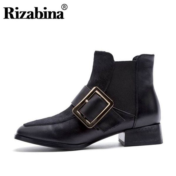 

rizabina women ankle boots genuine leather flats boots fashion metal buckle new winter quality black shoes women size 33-40