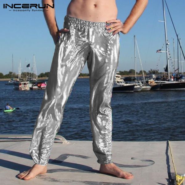 

incerun shiny metallic men pants silver gold dance trousers yoga-pants fashion stage nightclub party pants men 2019 plus size, Black