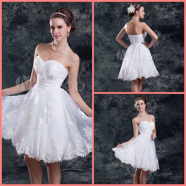 

short wedding dress knee-length white lace a-line sweetheart neck ruched organza wedding gowns flower bride dress