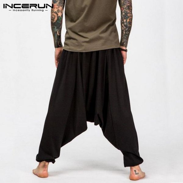 

incerun large size arem pants men's hiphop pants elastic waist japanese men's wide leg comfortable casual trousers 2019 5xl, Black