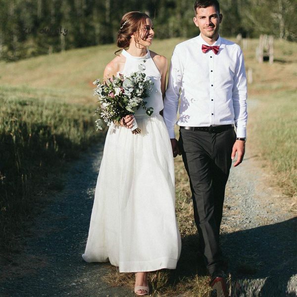 

elegant new two pieces wedding dressestulle halter sleeveless wedding gowns floor length bridal gowns for wedding custom made, White