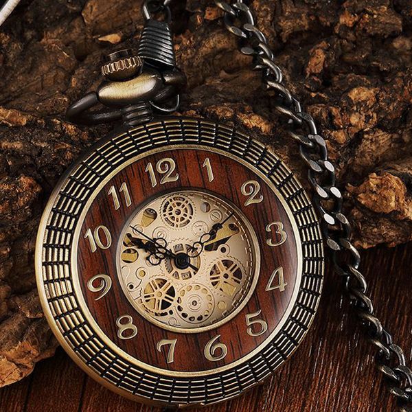 

wood circle case mechanical pocket watch hand-wind antique gold skeleton steampunk fob chain men clock reloj de madera bolsillo, Slivery;golden
