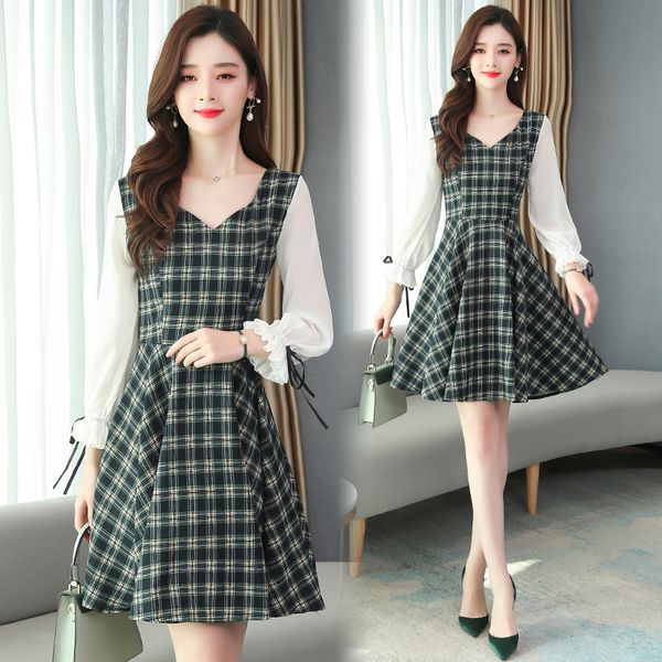 

hayblst brand dress women 2020 spring plussize4xl elegant kawaii vestidos long sleeve loose korean stysle fashion plaid clothing, Black;gray