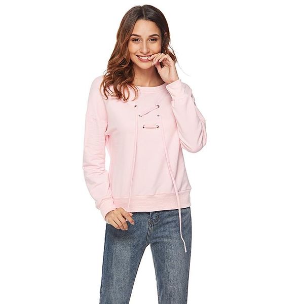 

women hoodies sweatshirts lace up bandage pullover hooded sweatshirt autumn coat warm drop-shoulder female clothing, Black